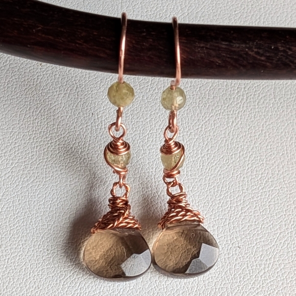 Smokey Quartz Earrings Green Garnet Accents Dangle Drop Artisan Handmade - Picture 6 of 12